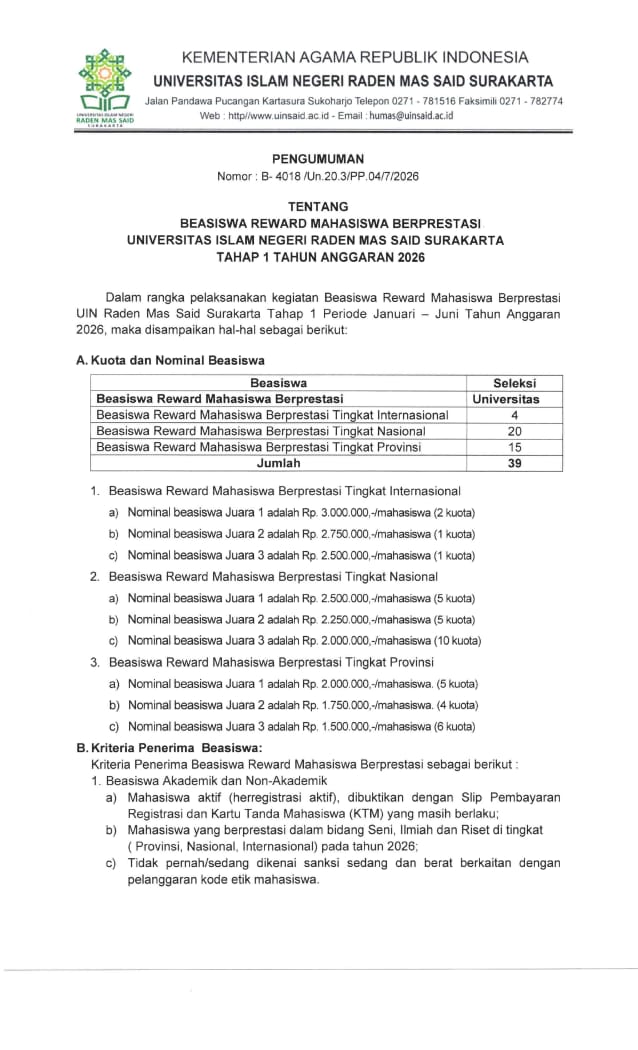Beasiswa Reward Mahasiswa Berprestasi Tahap I Tahun Anggaran 2026